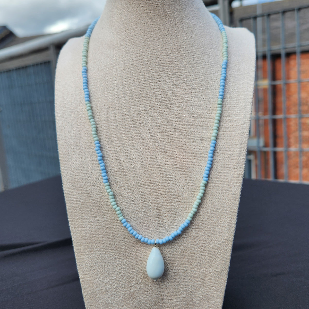 green and blue glass white bead upcycled necklace