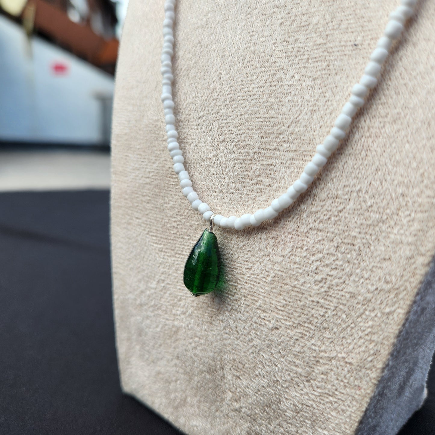 white and green upcycled glass beaded necklace