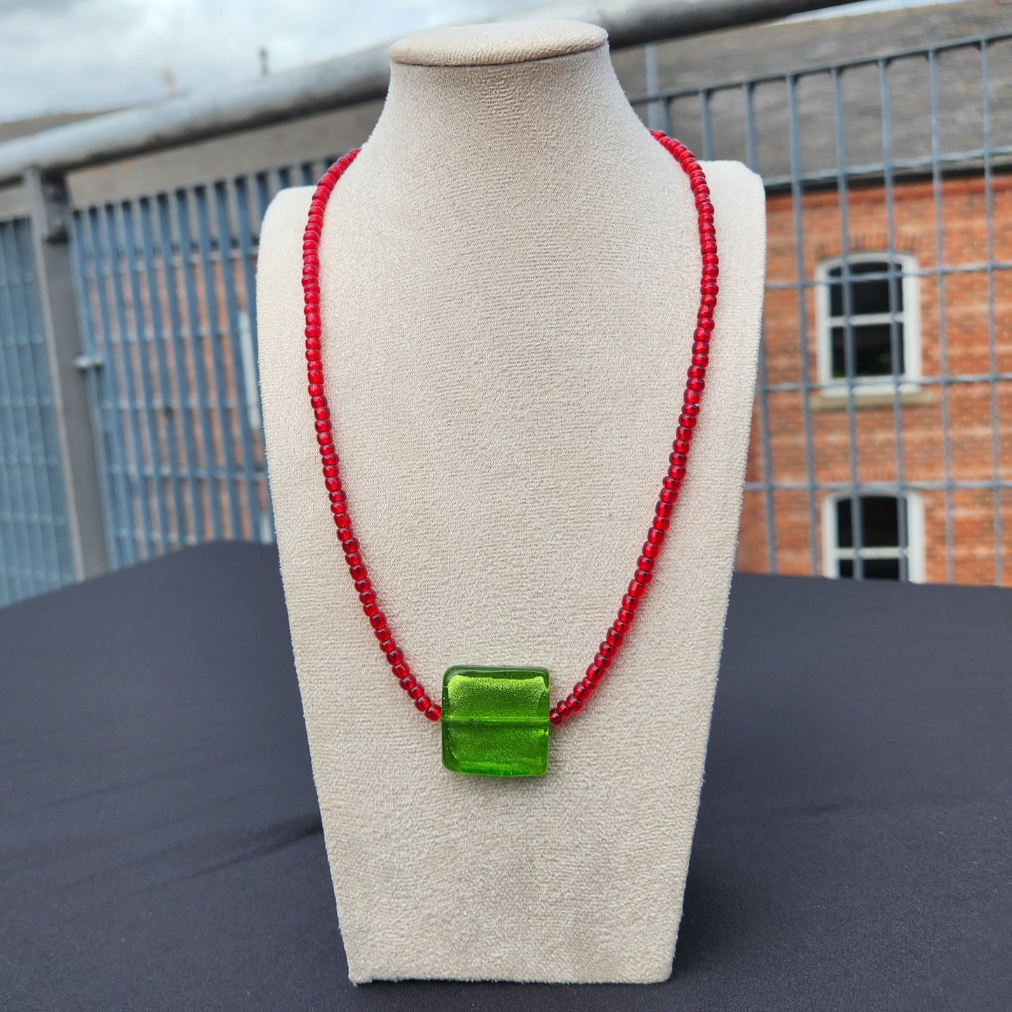 red and green glass upcycled beaded necklace