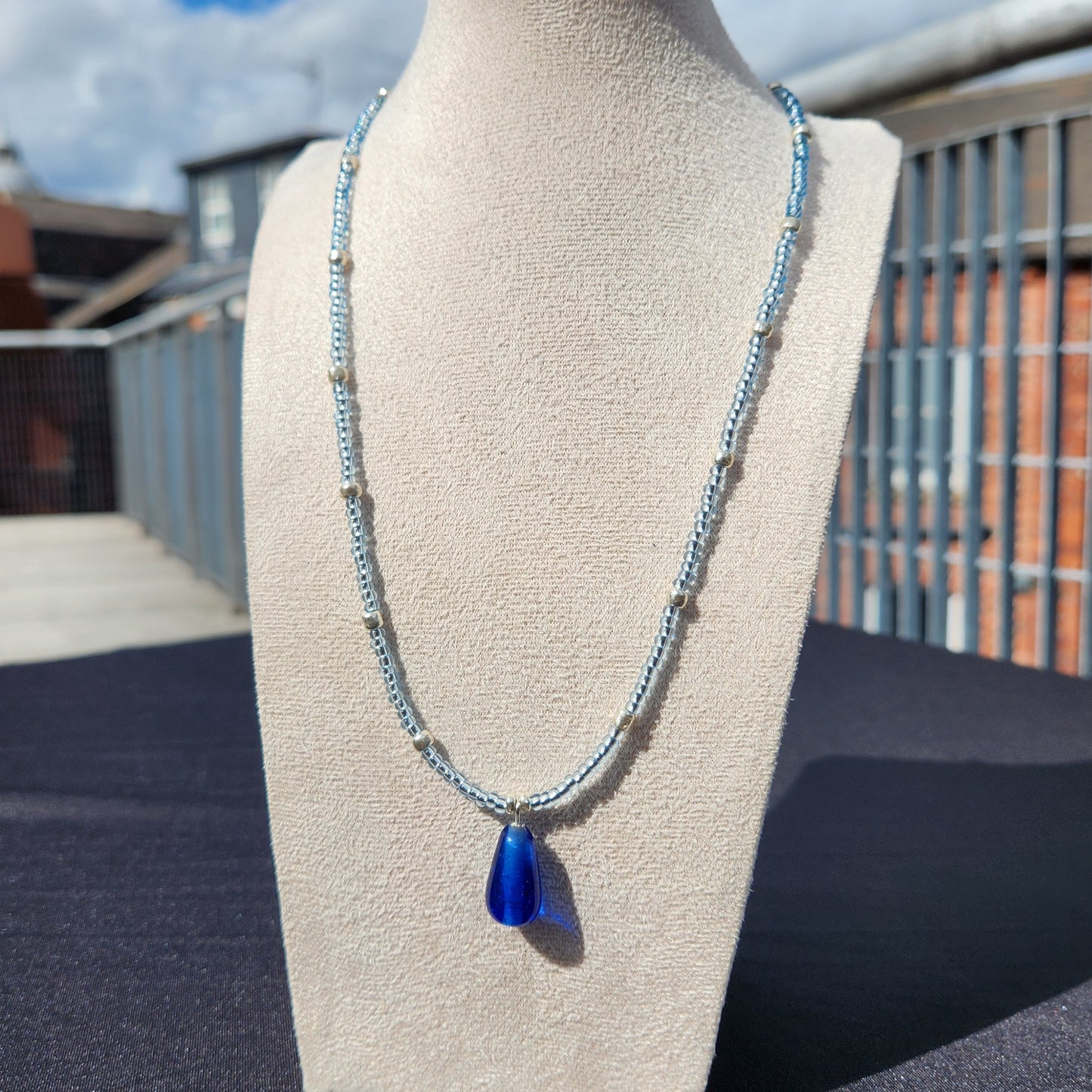 blue and silver upcycled glass beaded necklace