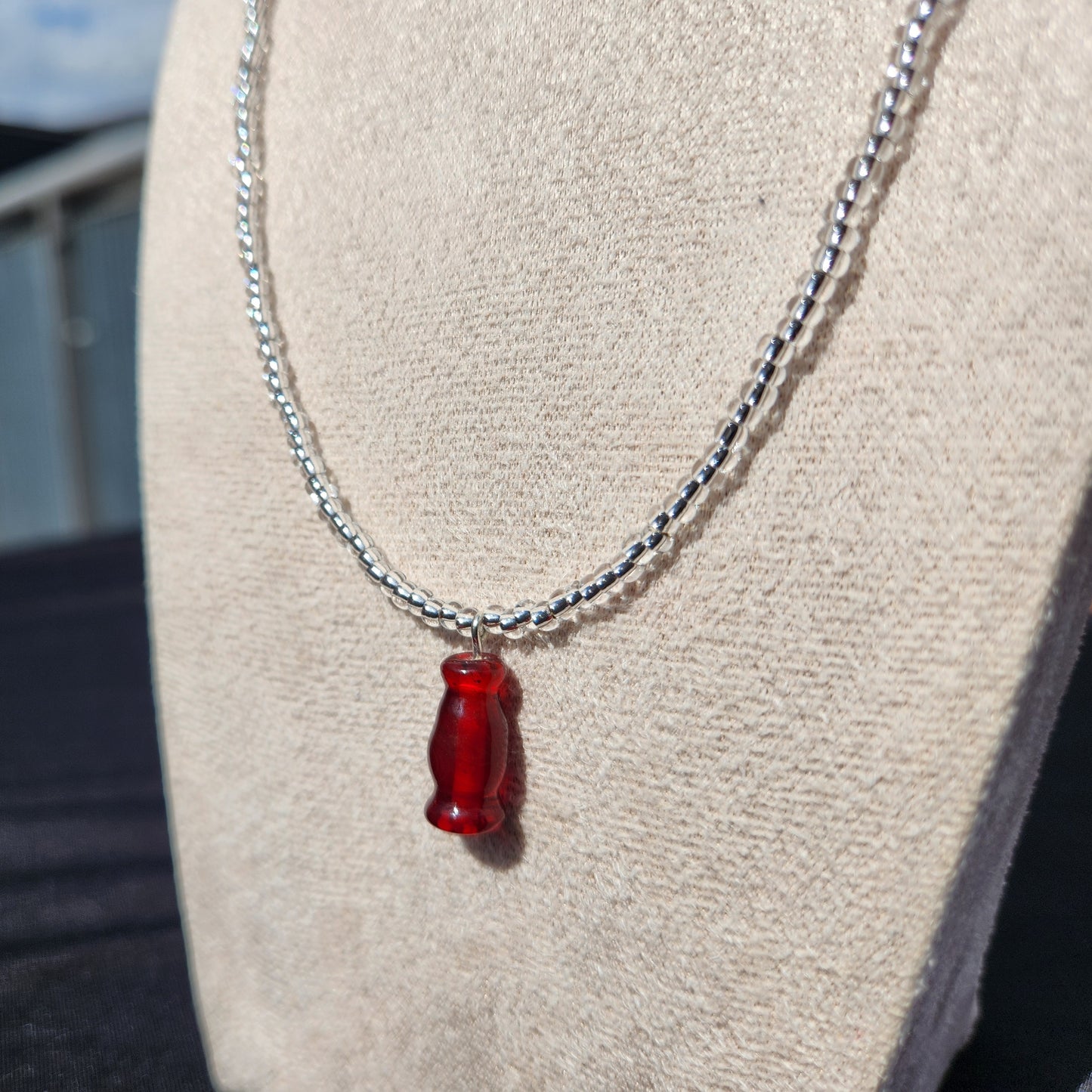 silver and red upcycled glass beaded necklace