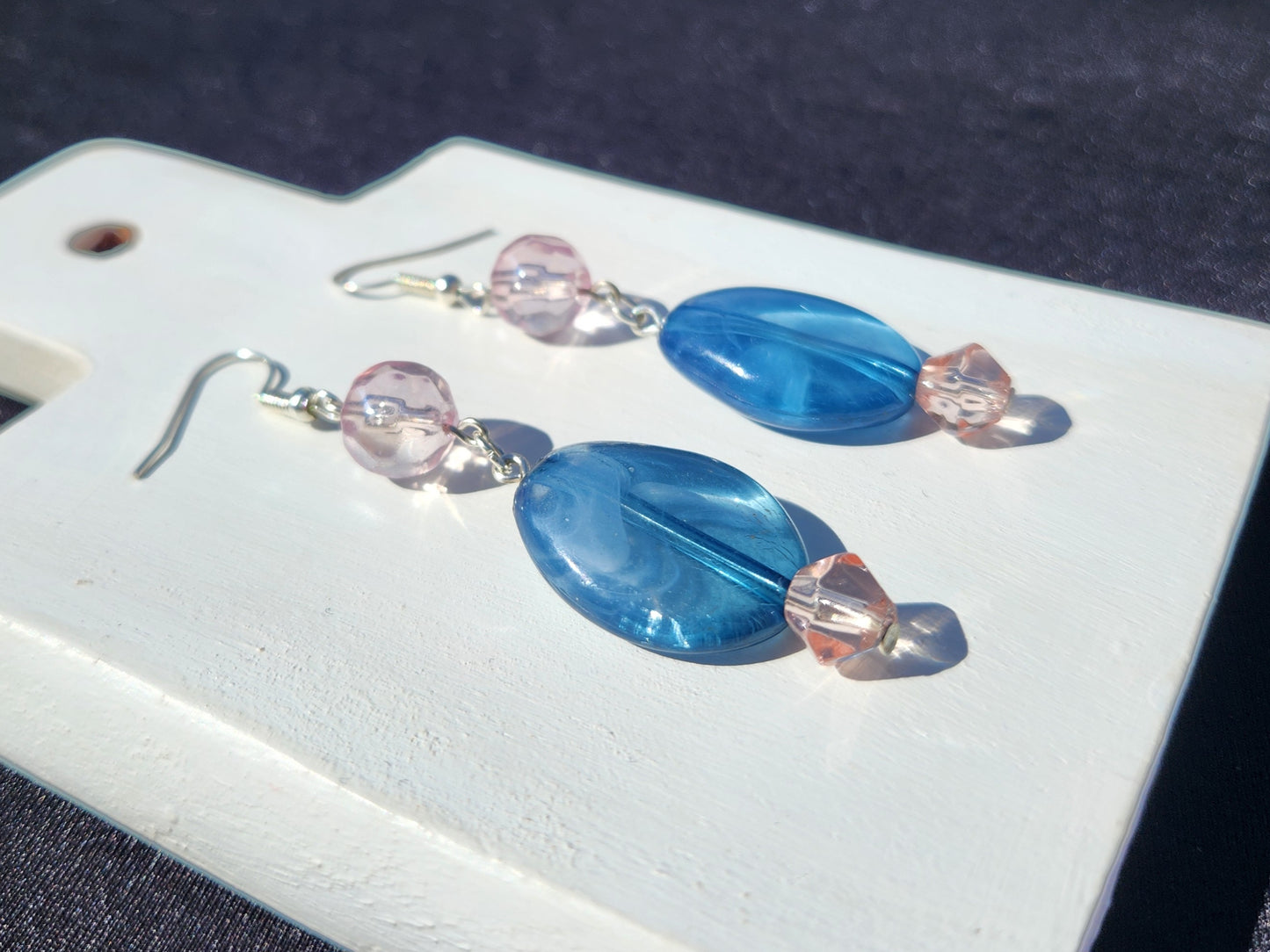 pink and blue upcycled bead silver earrings