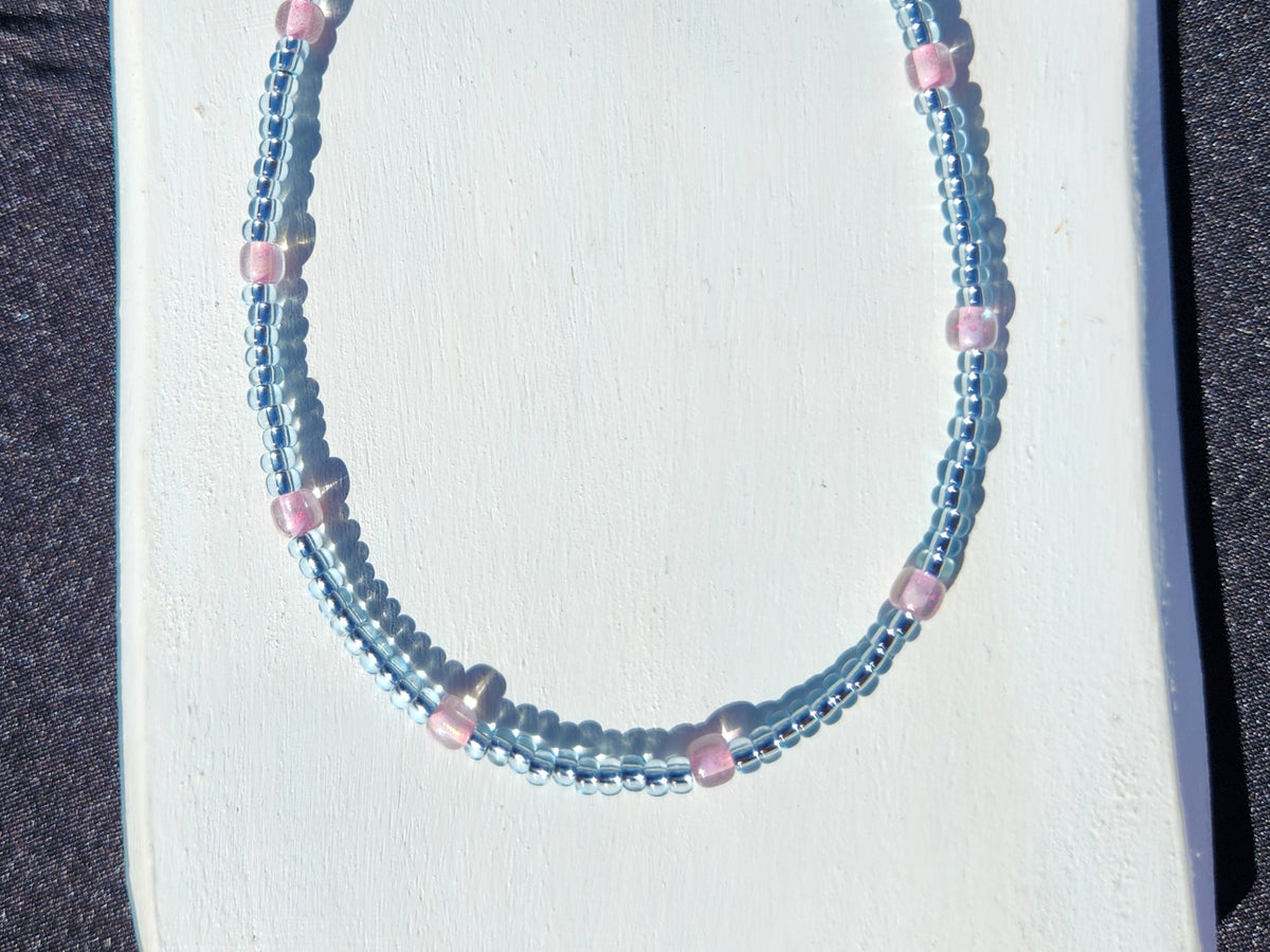 blue and pink glass beaded necklace