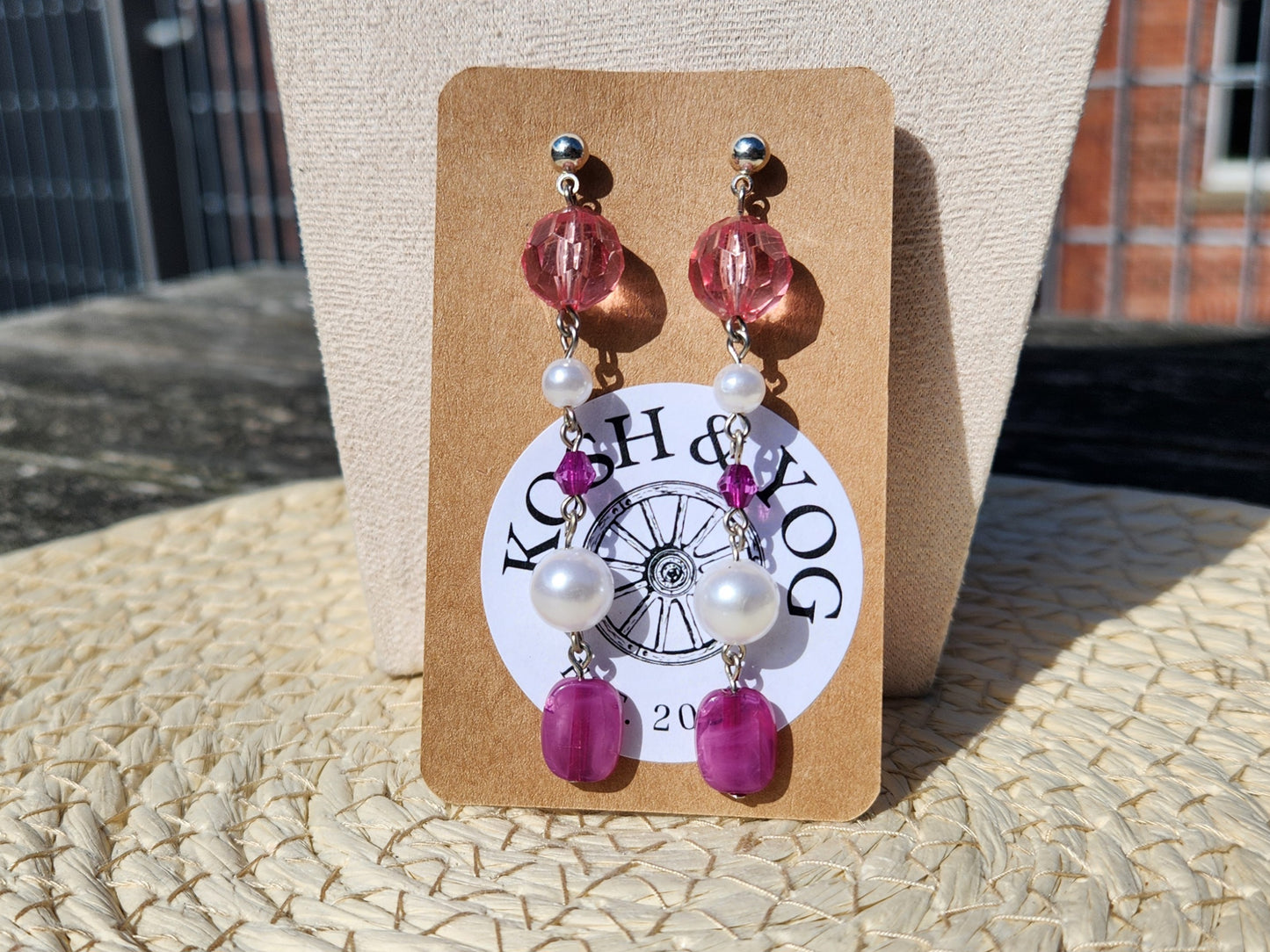 upcycled pink bead mix silver stud earrings