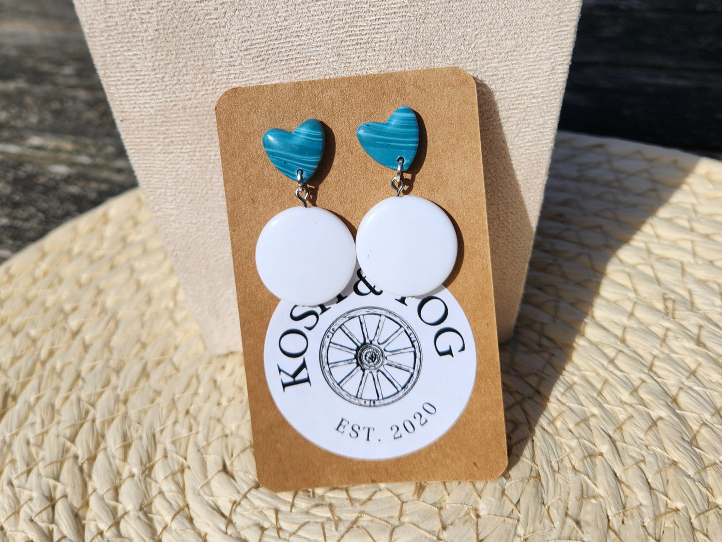blue and white polymer clay heart stud earrings