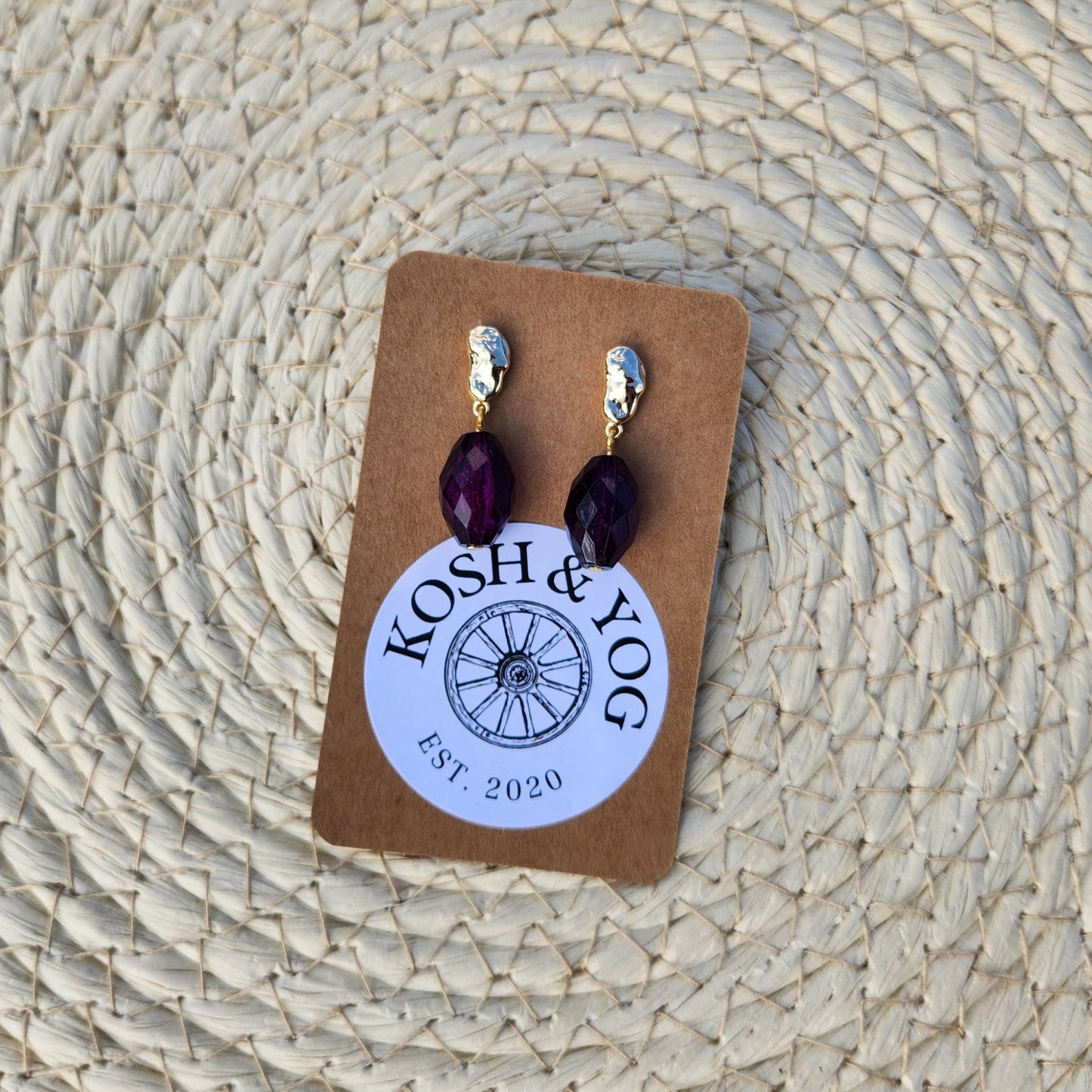 upcycled purple bead gold stud earrings