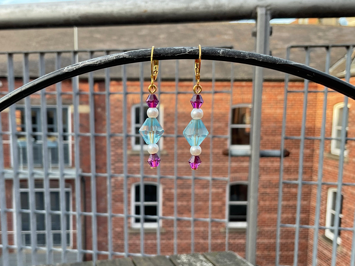blue & pink crystal beaded gold huggie hoop earrings