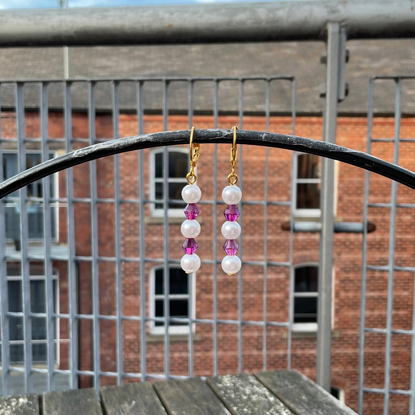 pink & pearl bead gold huggie hoop earrings