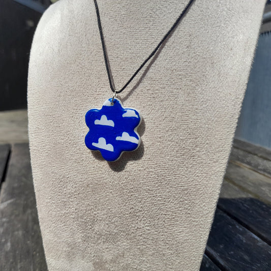 blue sky & clouds heart clay pendant cord necklace