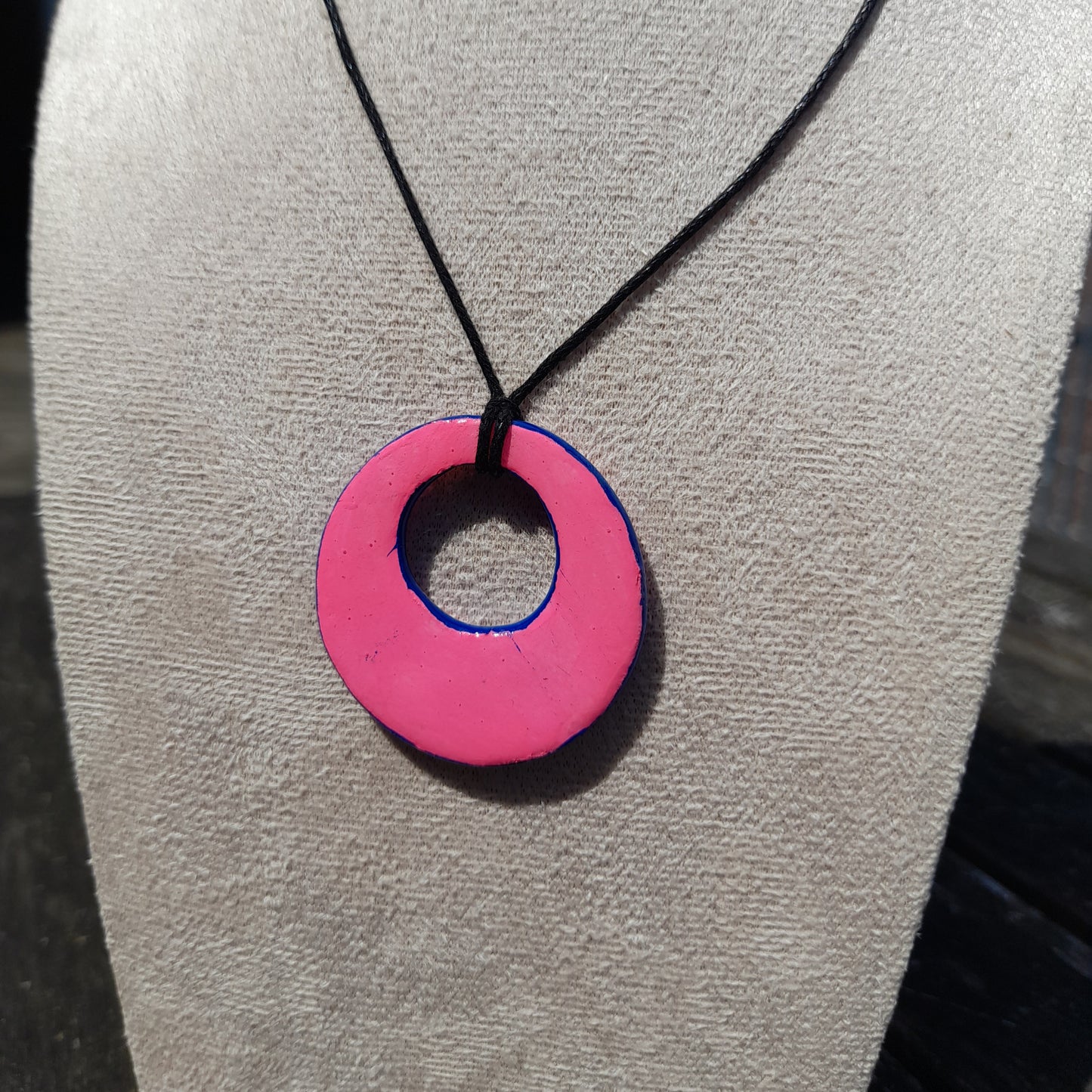pink & blue circle clay pendant cord necklace