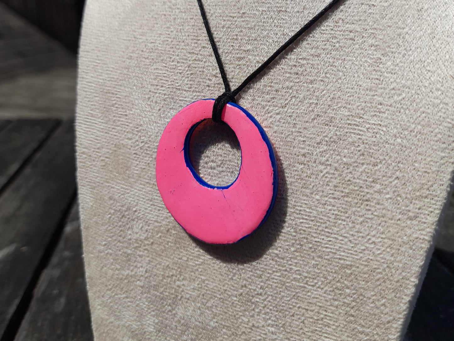 pink & blue circle clay pendant cord necklace
