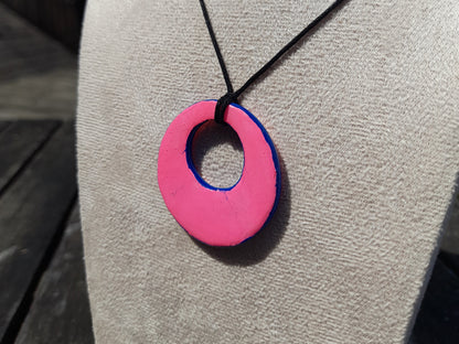 pink & blue circle clay pendant cord necklace