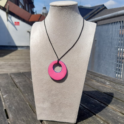 pink & blue circle clay pendant cord necklace