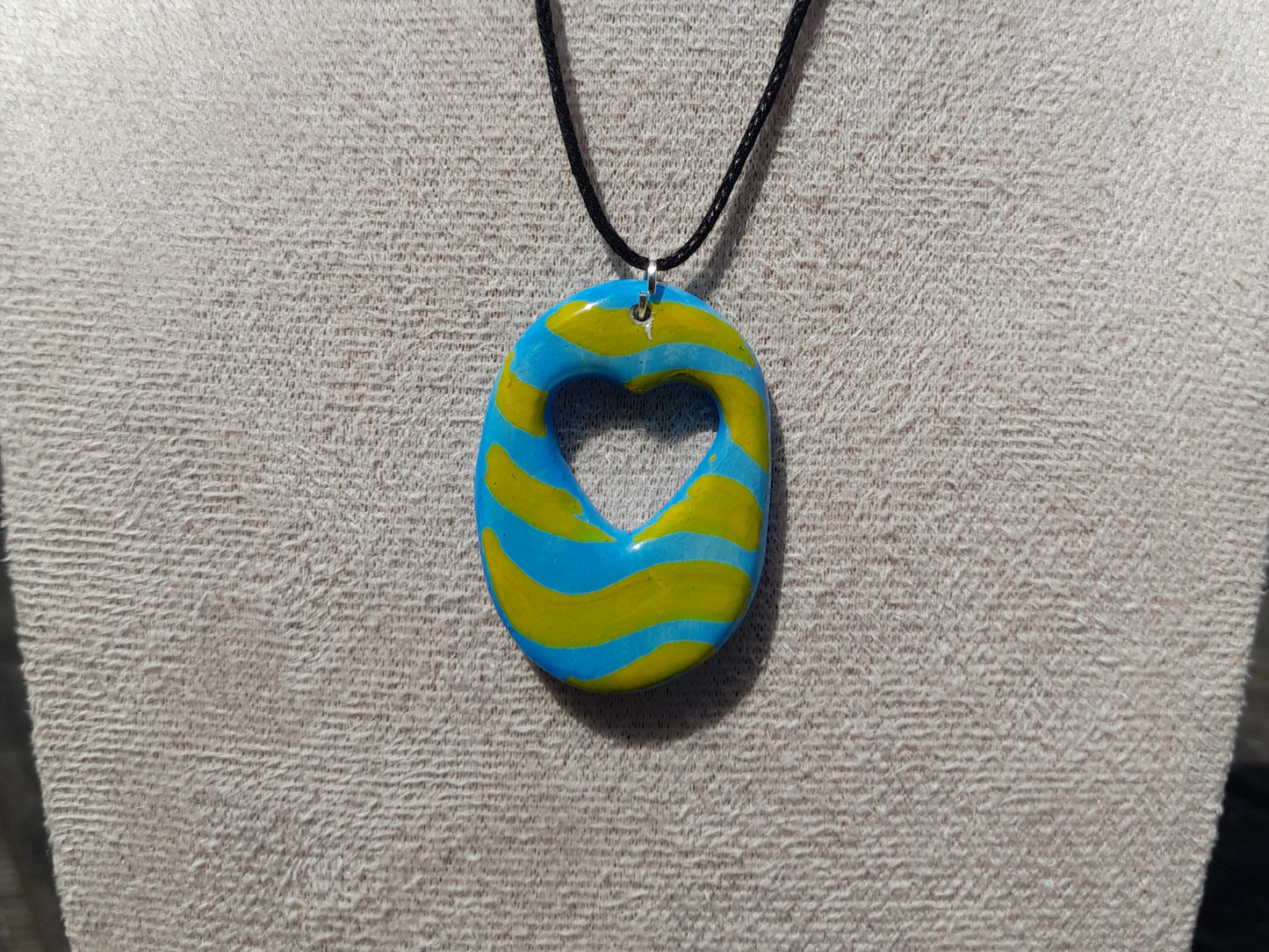 blue & yellow wavy oval heart clay pendant cord necklace