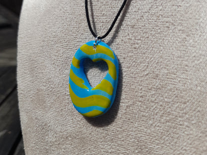 blue & yellow wavy oval heart clay pendant cord necklace