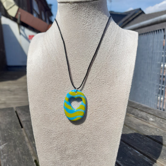 blue & yellow wavy oval heart clay pendant cord necklace