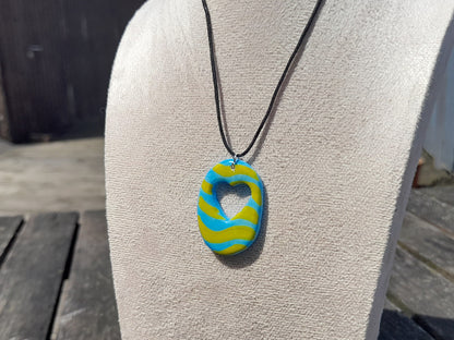 blue & yellow wavy oval heart clay pendant cord necklace