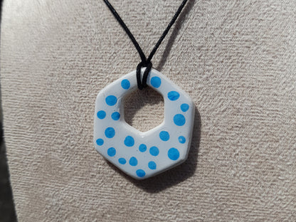 white & blue dotted hexagon clay necklace