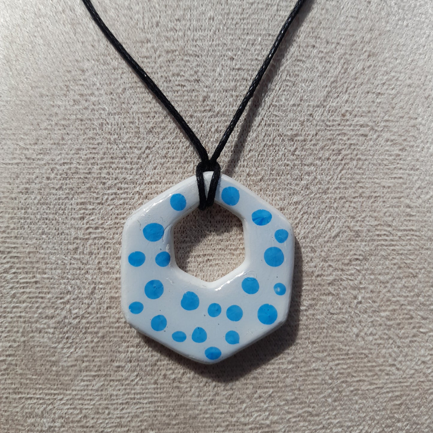 white & blue dotted hexagon clay necklace