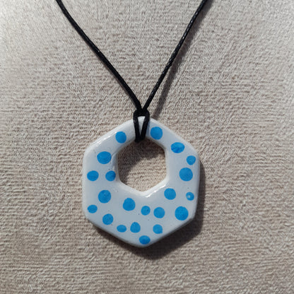 white & blue dotted hexagon clay necklace