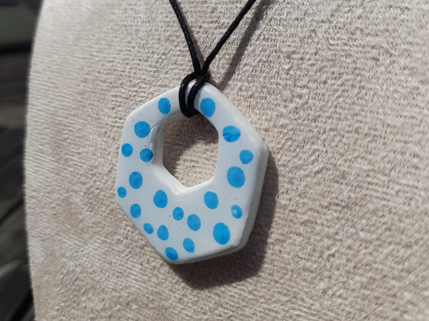 white & blue dotted hexagon clay necklace