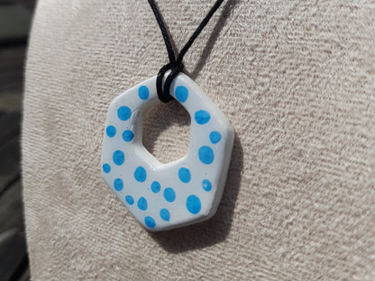 white & blue dotted hexagon clay necklace