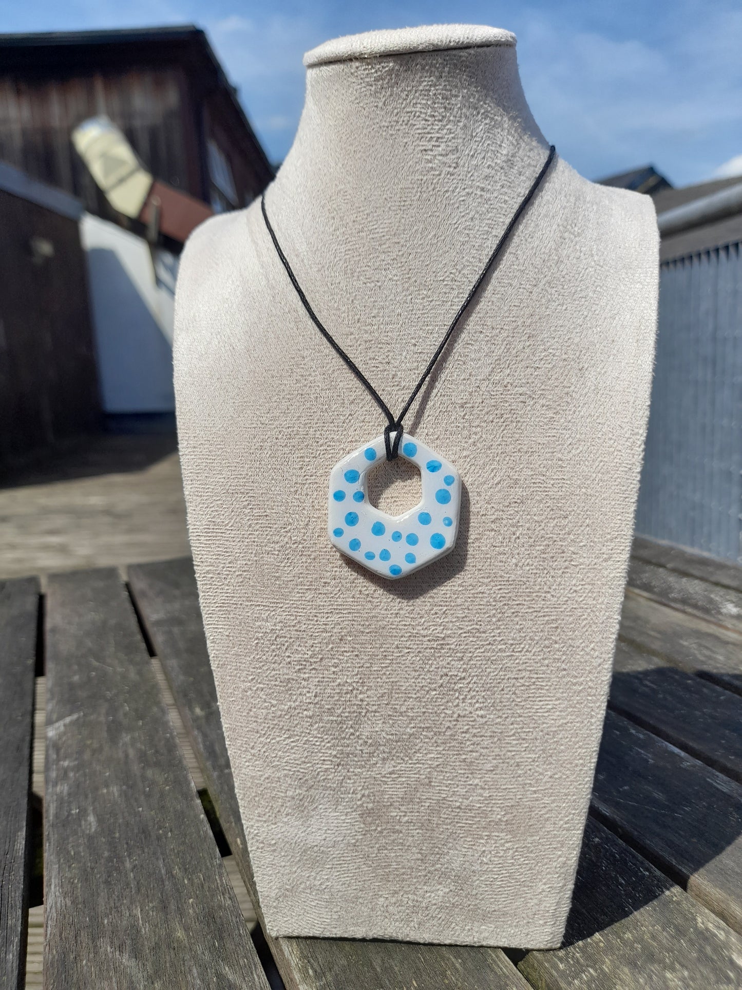 white & blue dotted hexagon clay necklace