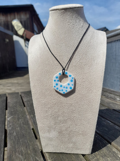 white & blue dotted hexagon clay necklace