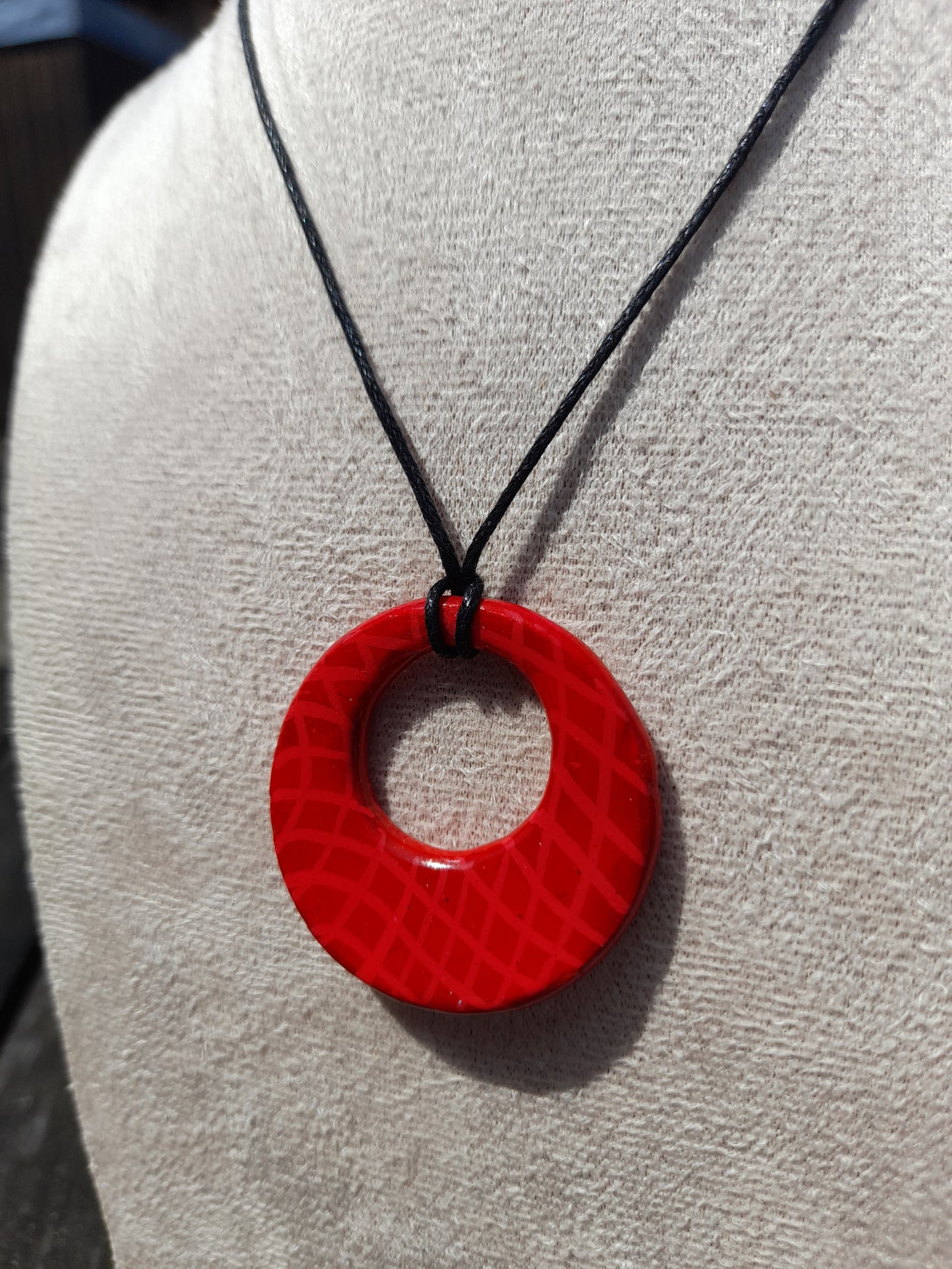 red crosshatch round clay pendant cord necklace