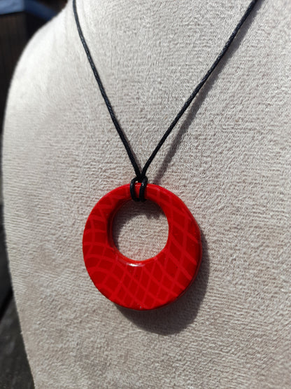 red crosshatch round clay pendant cord necklace