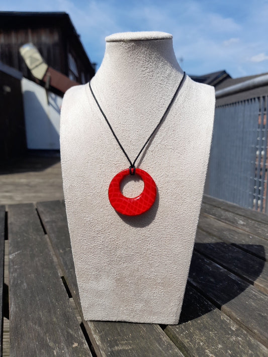 red crosshatch round clay pendant cord necklace