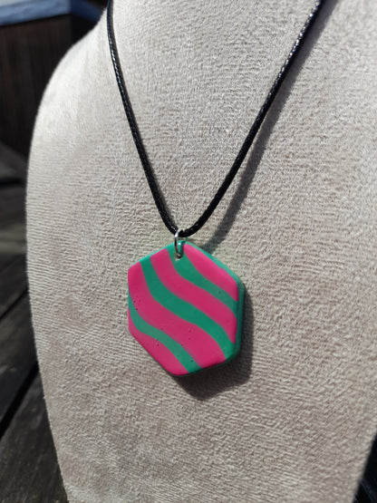 pink & green wavy hexagon clay pendant cord necklace