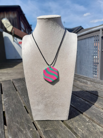 pink & green wavy hexagon clay pendant cord necklace