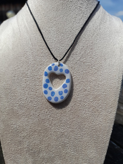 white & blue dots oval heart pendant cord necklace