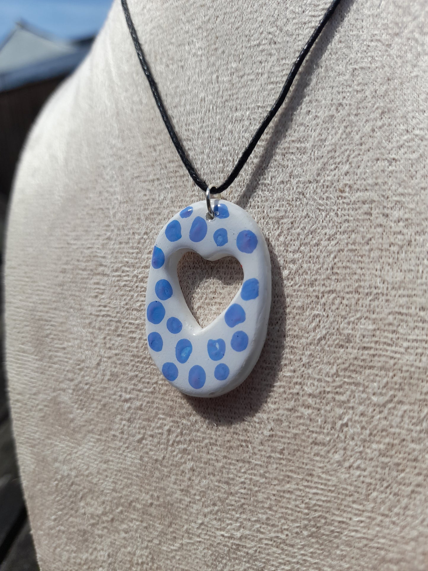white & blue dots oval heart pendant cord necklace