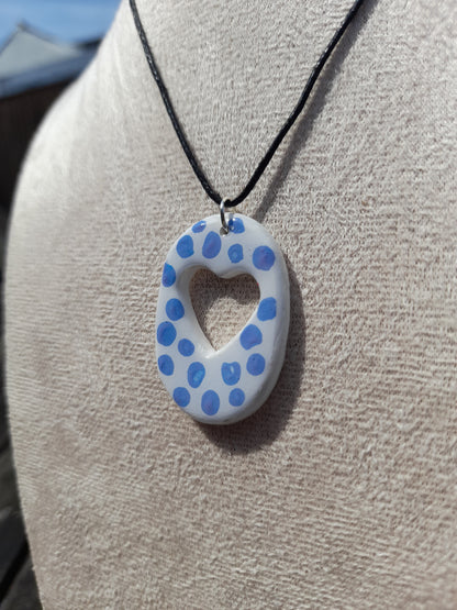 white & blue dots oval heart pendant cord necklace