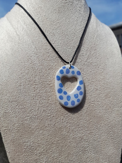 white & blue dots oval heart pendant cord necklace