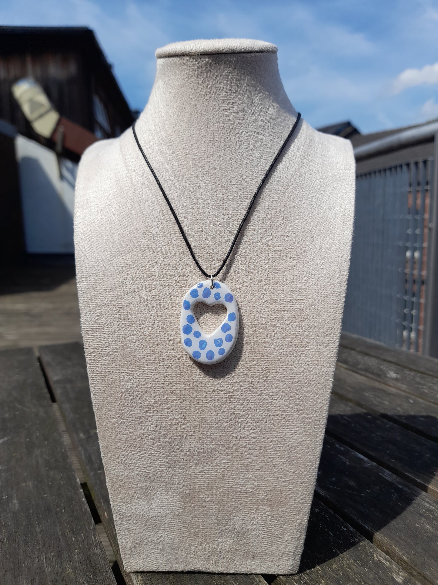 white & blue dots oval heart pendant cord necklace