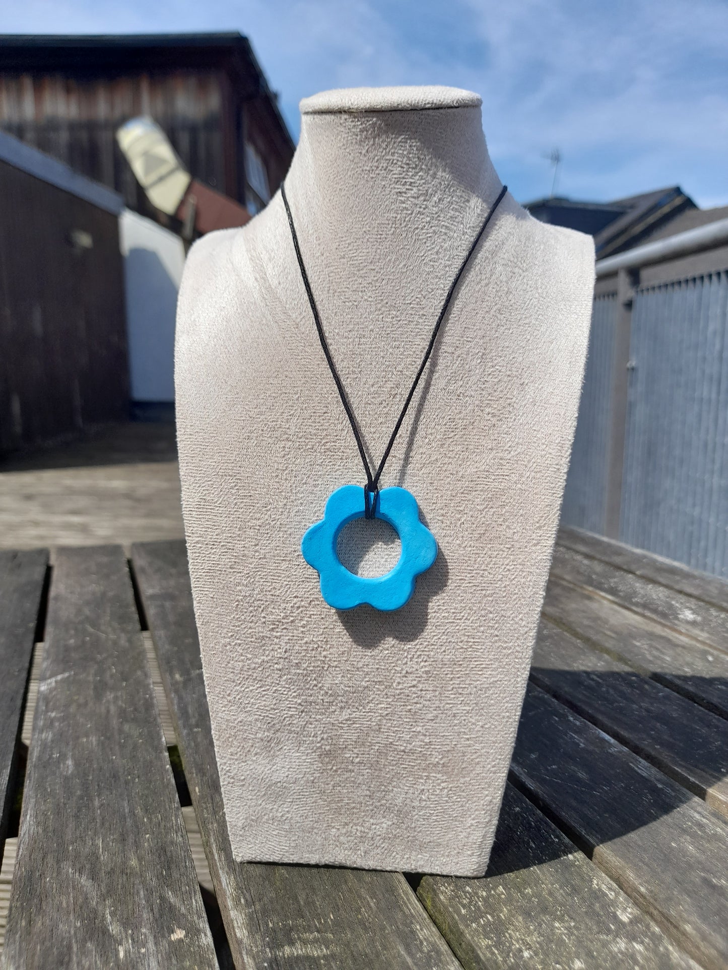 blue flower matte pendant cord necklace