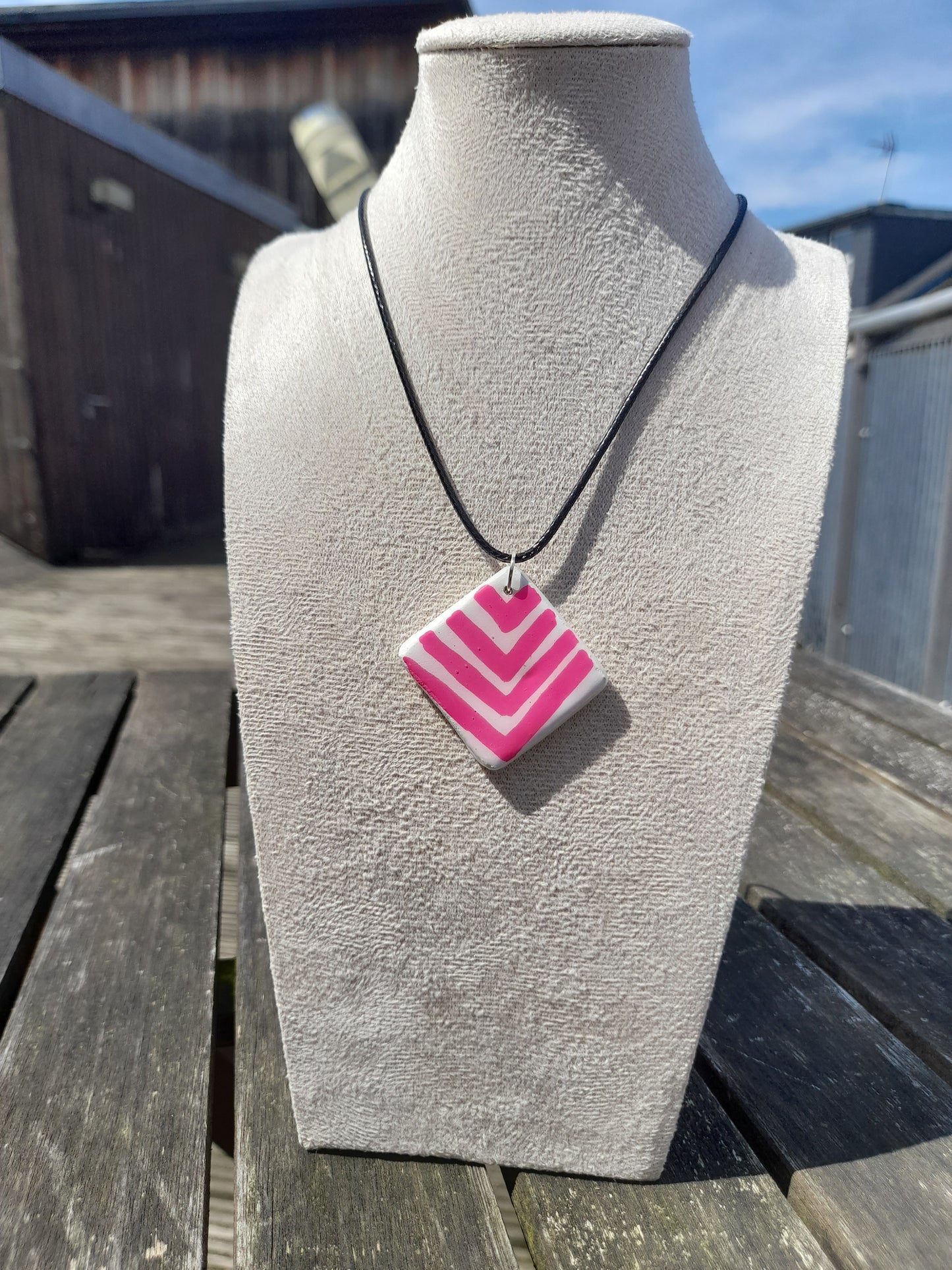 pink & white chevrons square pendant cord necklace