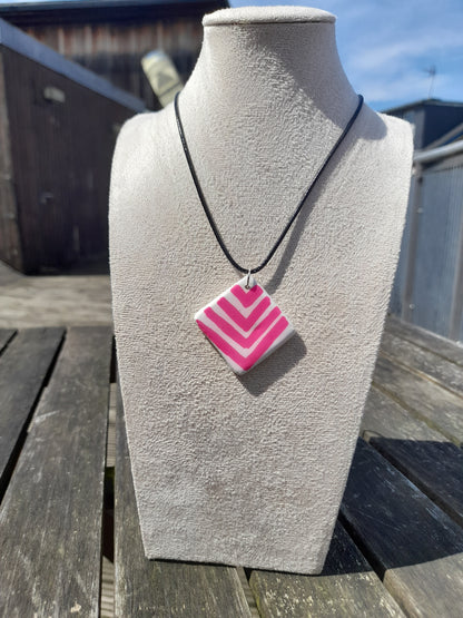 pink & white chevrons square pendant cord necklace