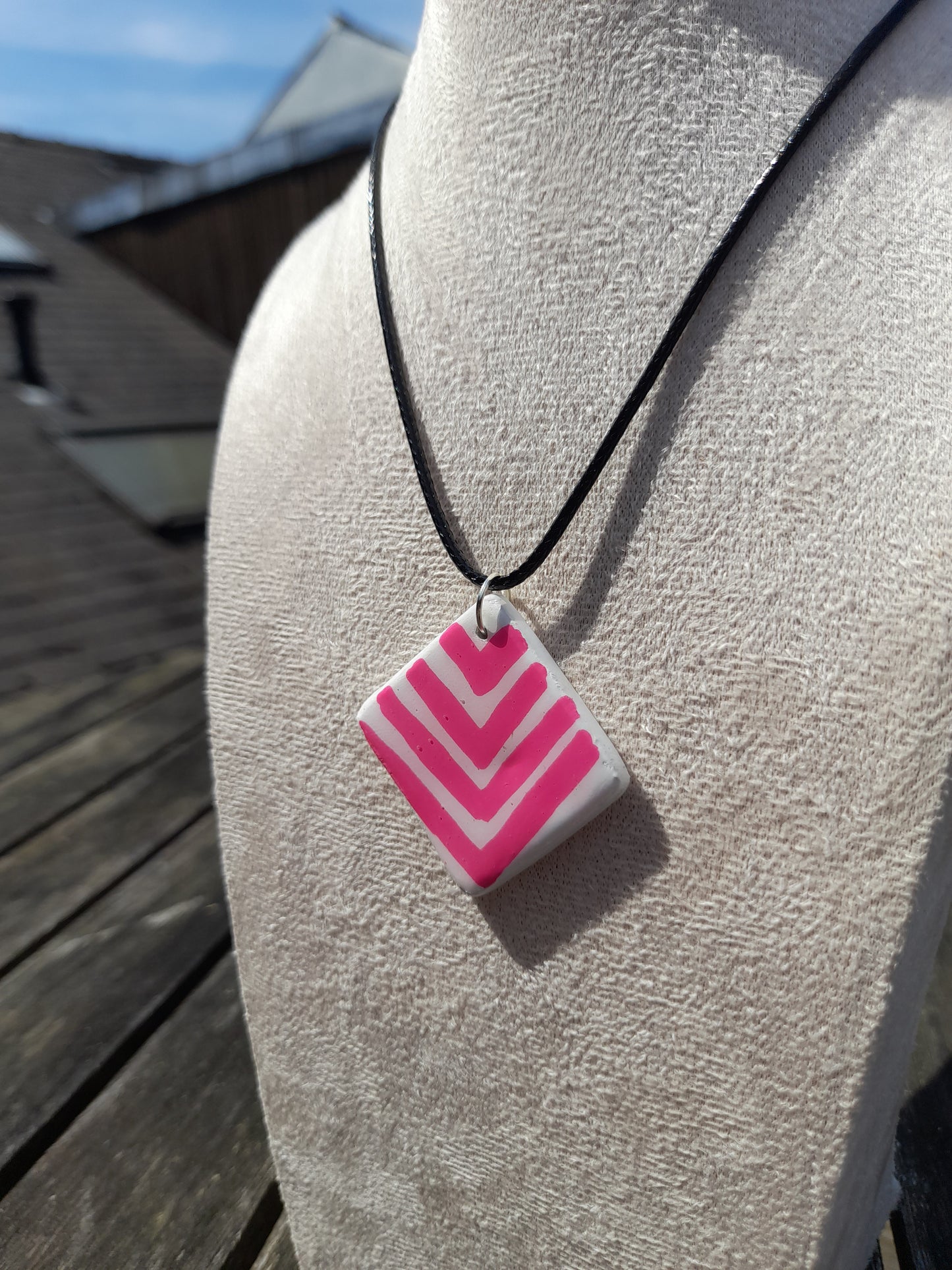 pink & white chevrons square pendant cord necklace