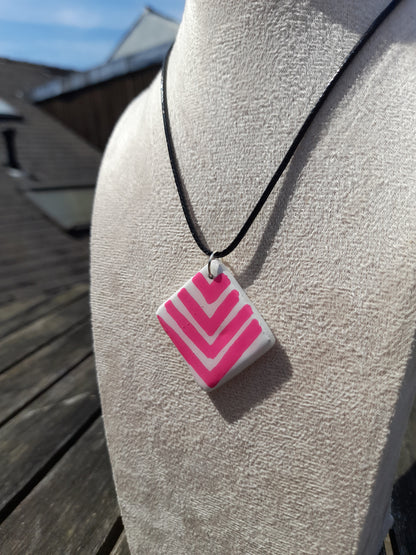 pink & white chevrons square pendant cord necklace