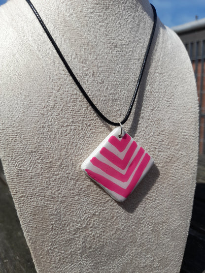 pink & white chevrons square pendant cord necklace