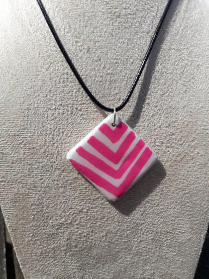 pink & white chevrons square pendant cord necklace
