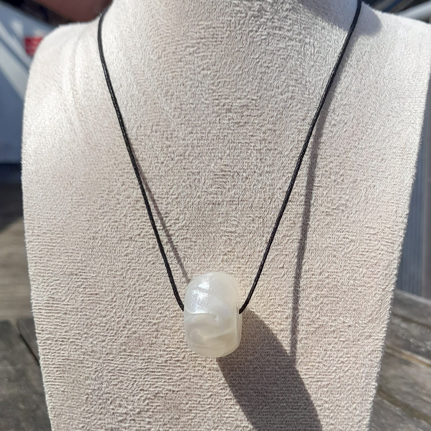 white iridescent chunky bead cord necklace