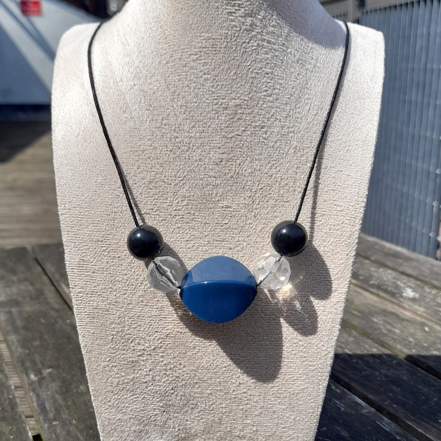 chunky black and blue beaded cord necklace