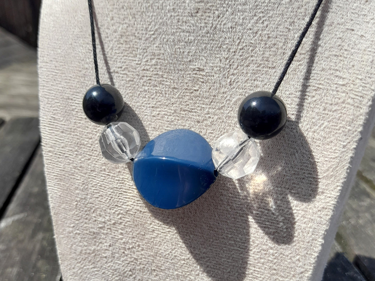 chunky black and blue beaded cord necklace
