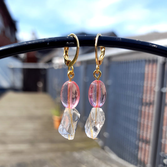 pink and clear bead gold huggie hoops