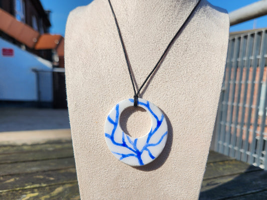 white and blue branches clay pendant necklace